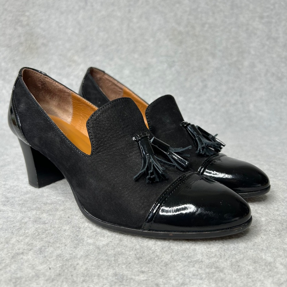 Odette e Odile Black Suede Patent Block Heel Tassel Loafers Made Japan 24 US 7‎